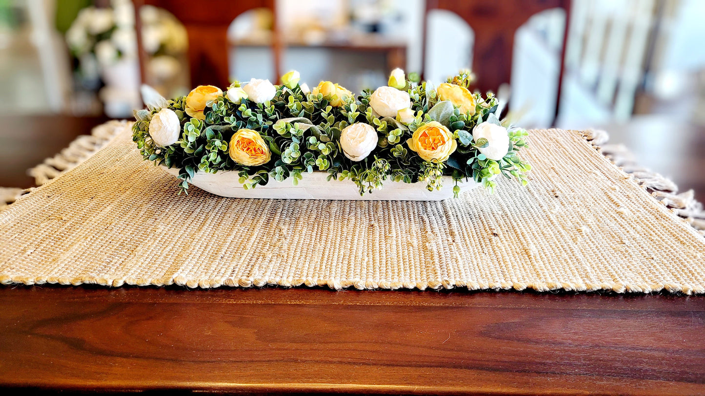 Beautiful Gift Idea Dough Bowl Centerpiece Handcarved Whitewash Design Farmhouse Style Decoration Housewarming Present Birthday Gift Idea Silk Peony Arrangement Yellow Flower Accents Artificial Greenery Details Rustic Home Decor Table