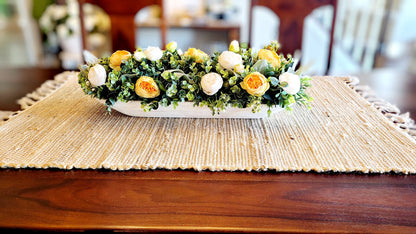 Beautiful Gift Idea Dough Bowl Centerpiece Handcarved Whitewash Design Farmhouse Style Decoration Housewarming Present Birthday Gift Idea Silk Peony Arrangement Yellow Flower Accents Artificial Greenery Details Rustic Home Decor Table