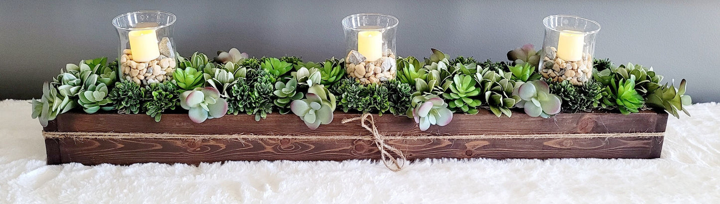 Wooden Box Centerpiece Rustic Farmhouse Design Faux Succulent Arrangement Artificial Plants Display Modern Home Decor Flameless Candle Feature Custom Stained Container Contemporary Style Accent Unique Tabletop Decoration Perfect