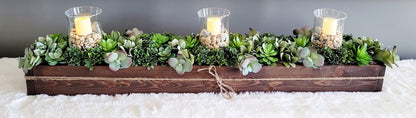 Wooden Box Centerpiece Rustic Farmhouse Design Faux Succulent Arrangement Artificial Plants Display Modern Home Decor Flameless Candle Feature Custom Stained Container Contemporary Style Accent Unique Tabletop Decoration Perfect