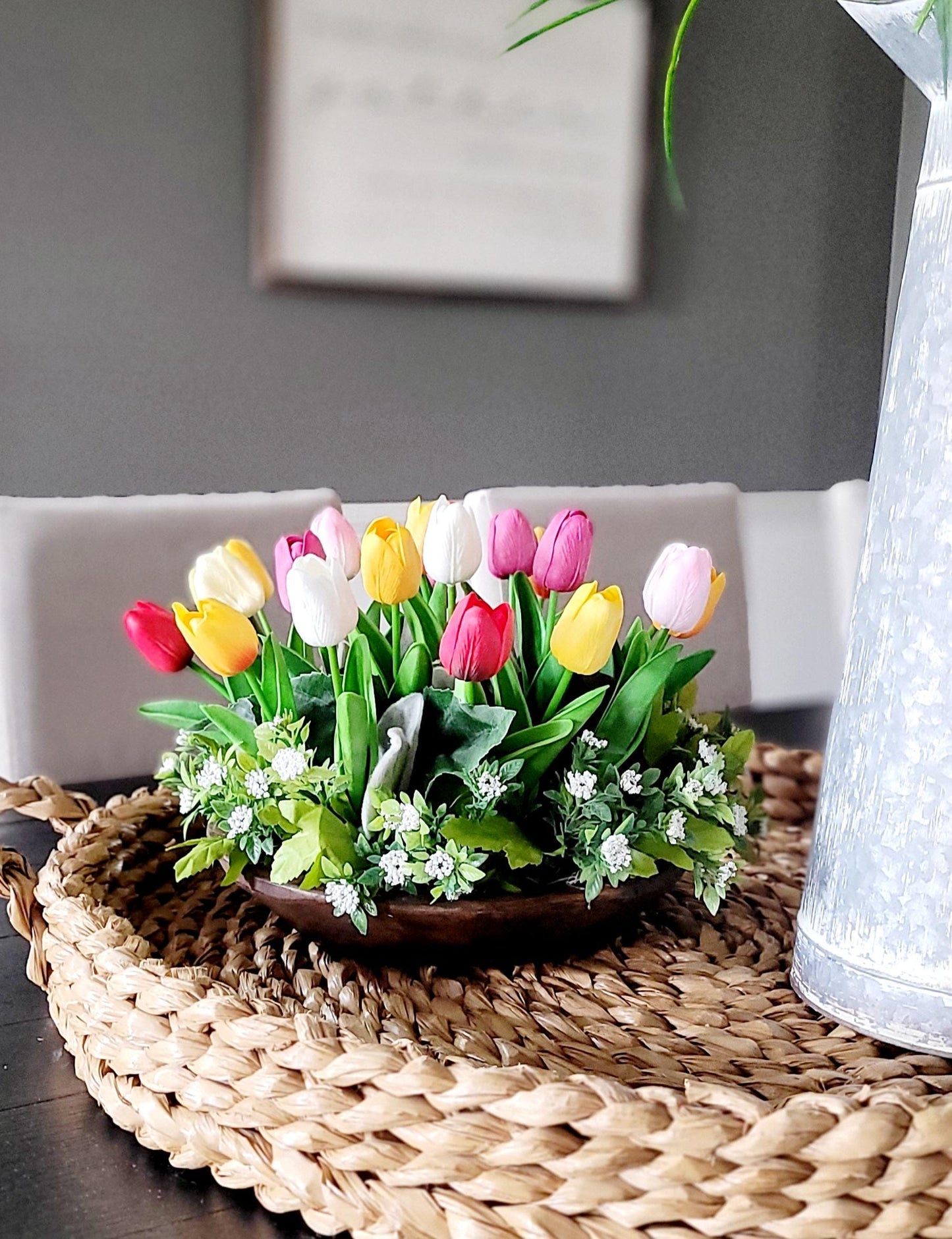 Lifelike Tulip Flowers Realistic Silk Arrangement Rustic Wooden Dough Bowl Handcrafted Floral Centerpiece Yellow Spring Blooms Farmhouse Table Decor Dining Room Styling Perfect Home Accent Elegant Design Various Sizes Available Beautiful