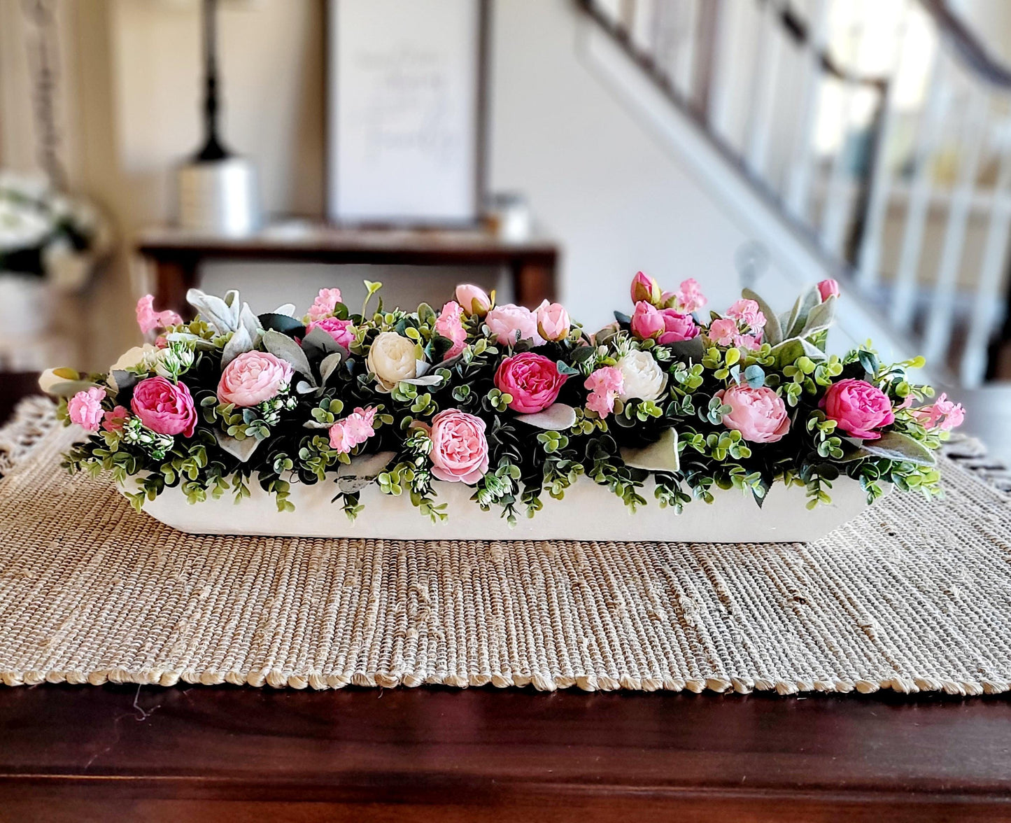 pink white decor pink wedding floral arrangement peony dough bowl dining room table arrangement Pink flower decorations spring decor mantle