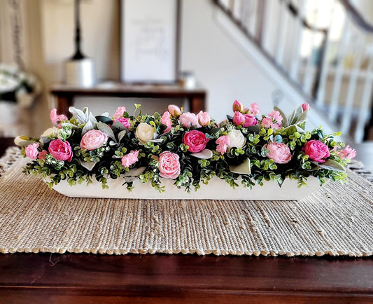 pink white decor pink wedding floral arrangement peony dough bowl dining room table arrangement Pink flower decorations spring decor mantle