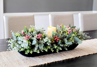 Dough Bowl Centerpiece  Greenery Arrangement Farmhouse Arrangement Candle Centerpiece Country Decor Holiday Arrangement Decor Berry decor