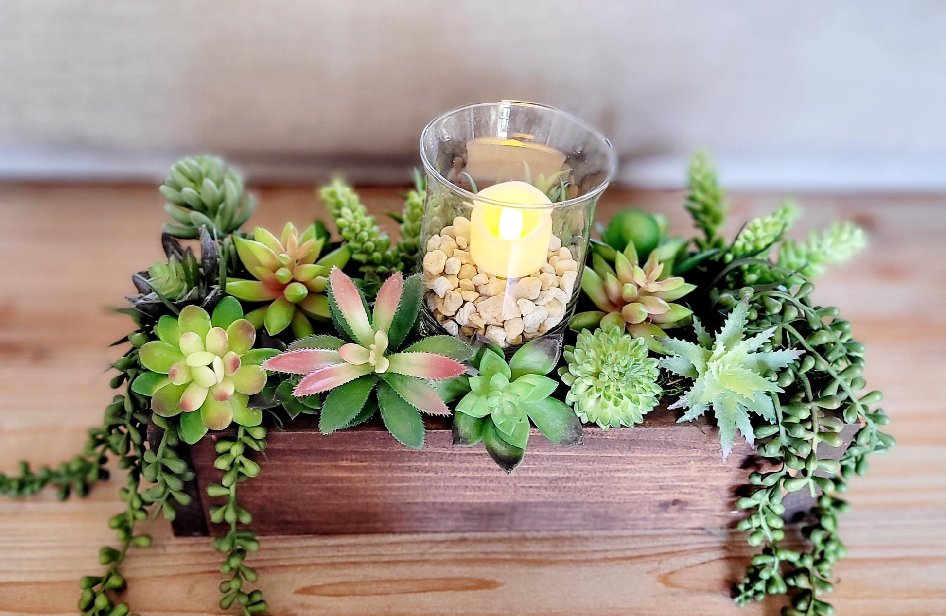 Maintenance Free Centerpiece Faux Succulent Arrangement Wooden Box Design Flameless Candle Included Perfect Housewarming Gift Modern Home Decor Realistic Looking Plants Rustic Farmhouse Style Table Decoration Custom Stained Container