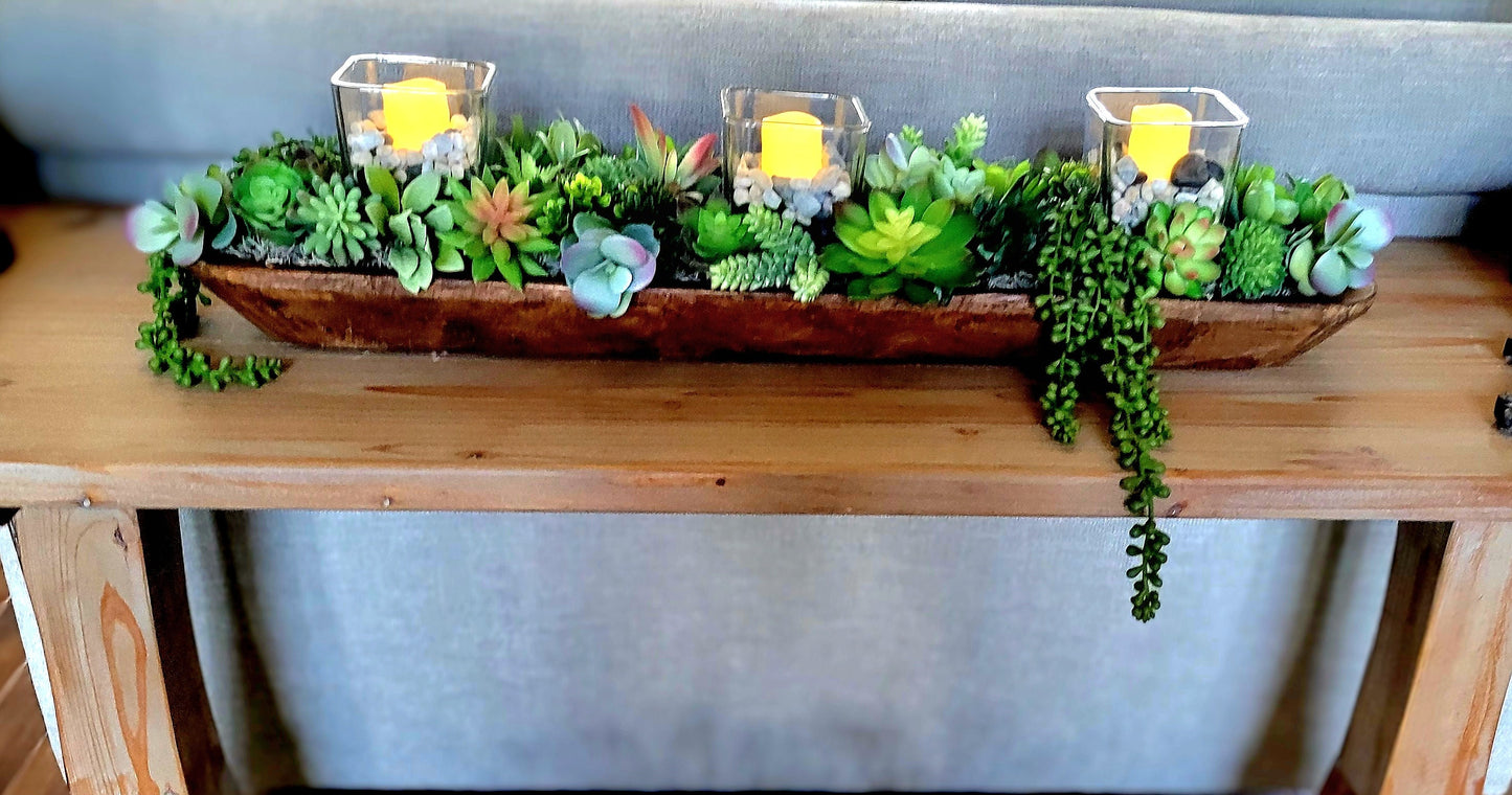 Long Table Centerpiece Faux Succulent Arrangement Wooden Bowl Display Versatile Home Decor Artificial Plant Design Maintenance Free Greenery Perfect Dining Table Console Table Coffee Table Accent Beautiful Modern Farmhouse Style Realistic