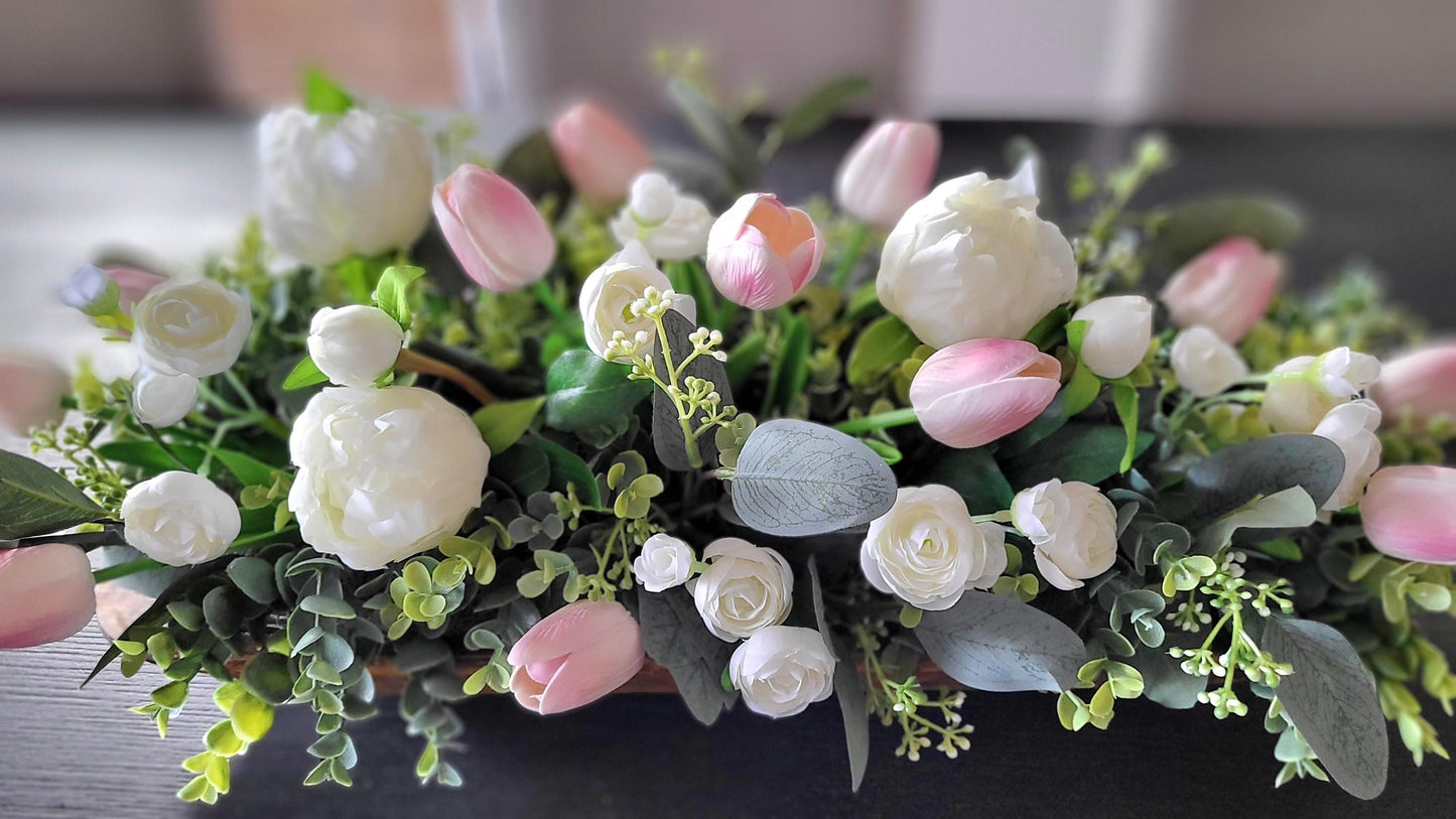 Spring Table Centerpiece – Faux Tulip and Peony Arrangement in Wooden Dough Bowl
