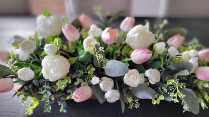 Spring Table Centerpiece – Faux Tulip and Peony Arrangement in Wooden Dough Bowl