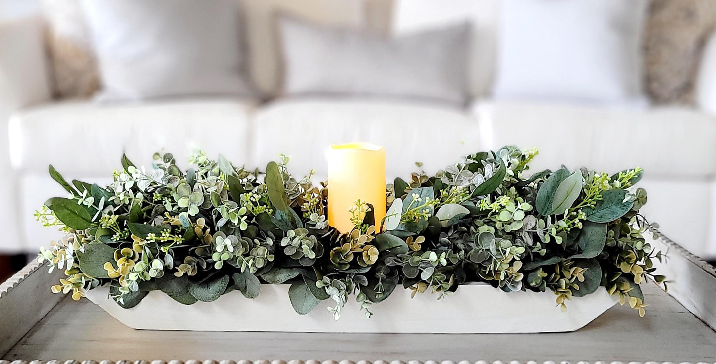 Dining Room Table Arrangement Dough Bowl Farmhouse Table Decor Greenery Spring style Centerpiece candle arrangement greenery kitchen decor