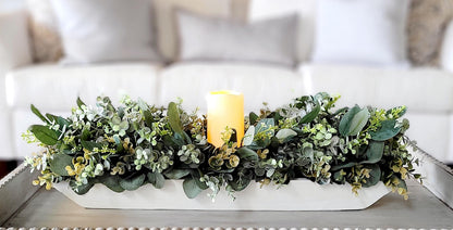 Dining Room Table Arrangement Dough Bowl Farmhouse Table Decor Greenery Spring style Centerpiece candle arrangement greenery kitchen decor