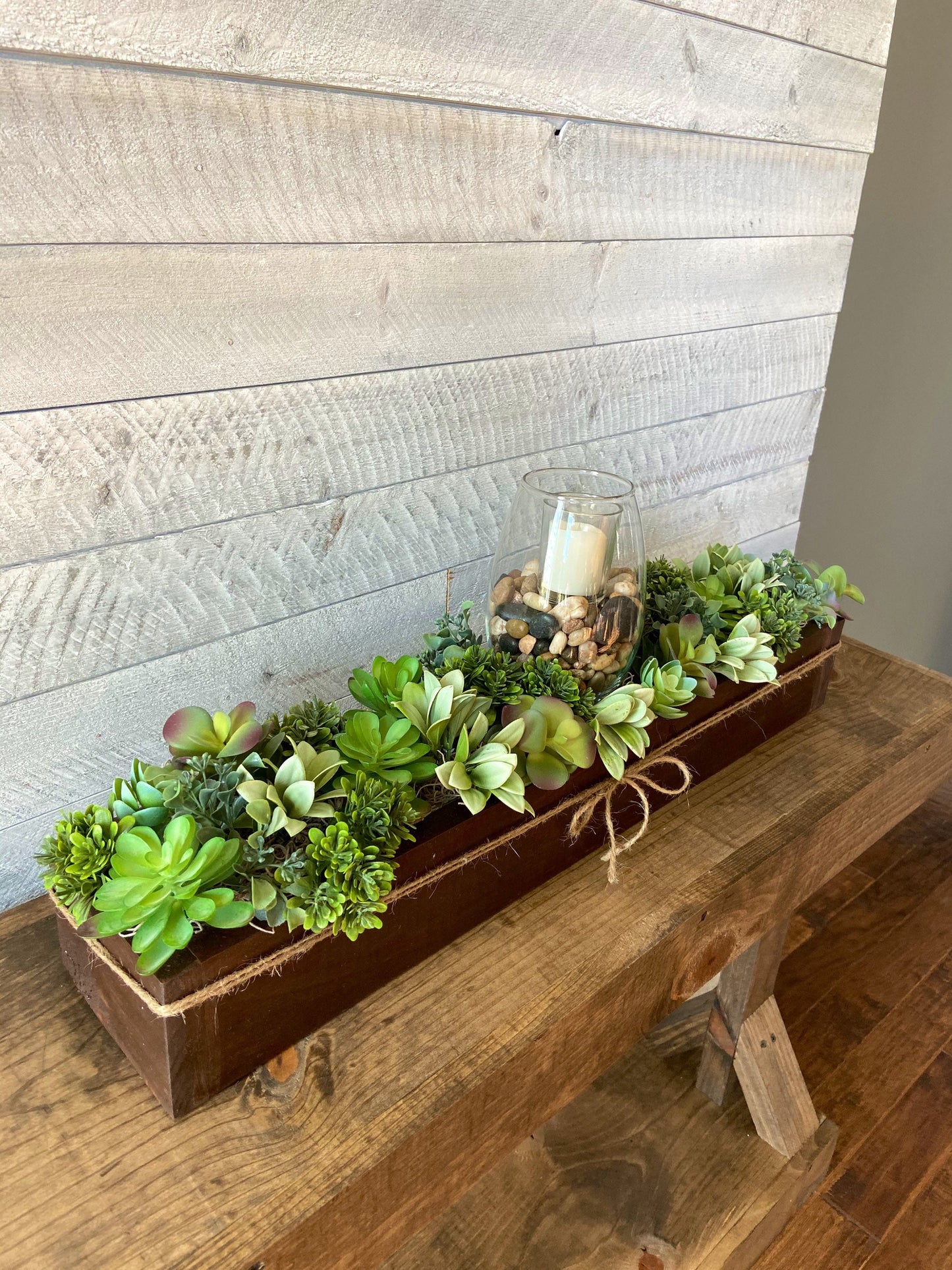 Farmhouse Style Long Spring Succulents Table Arrangement in Wood Planter Box