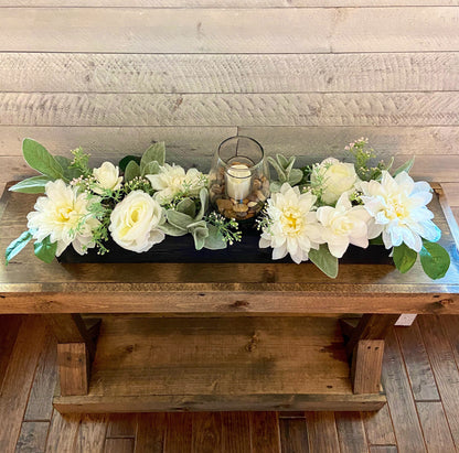 Farmhouse Style Spring Table Arrangement in Wood Planter Box Candle Centerpiece