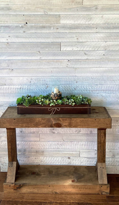 Farmhouse Style Long Spring Succulents Table Arrangement in Wood Planter Box