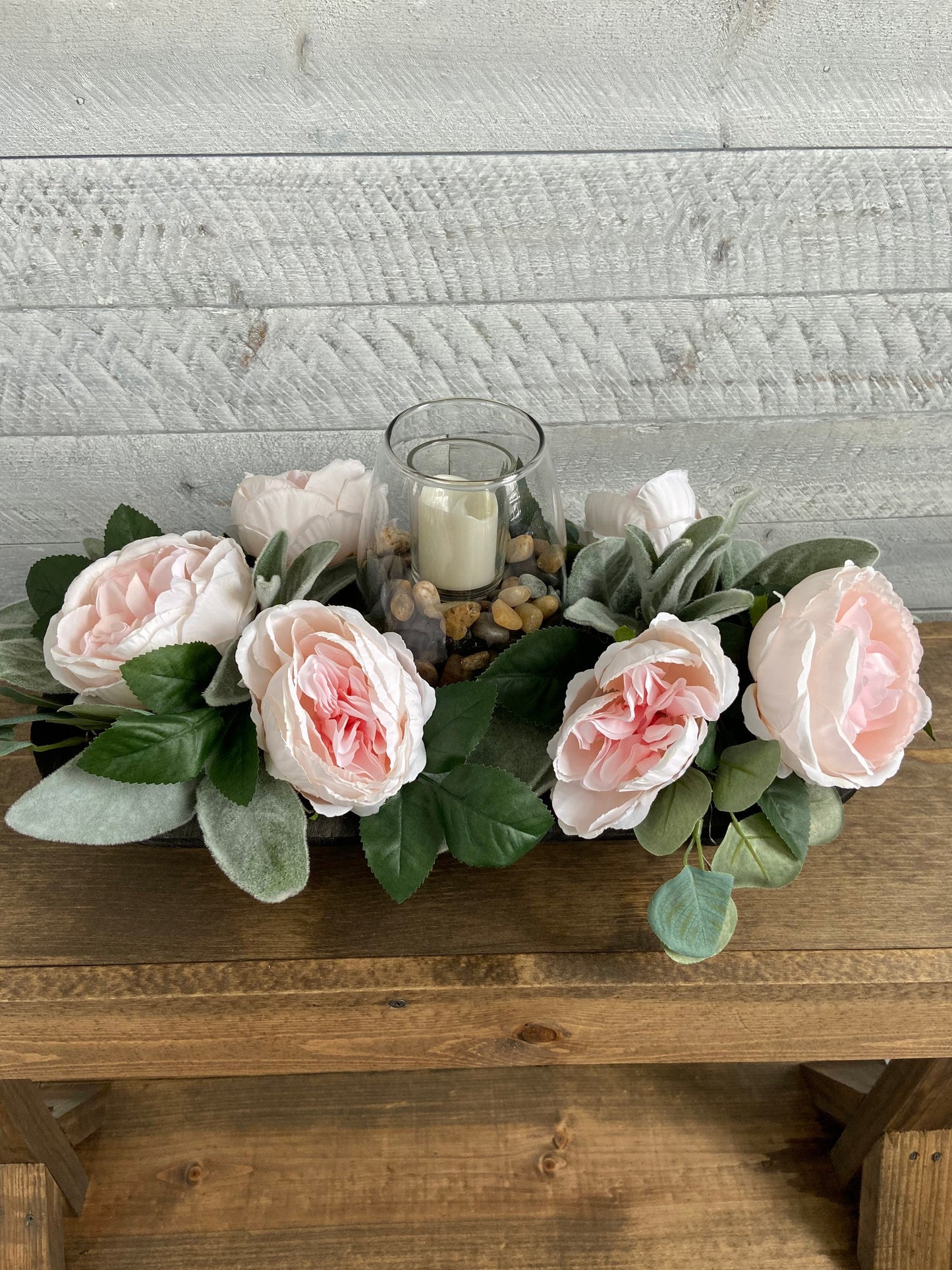 Farmhouse Style Spring Table Arrangement in Wooden Holder