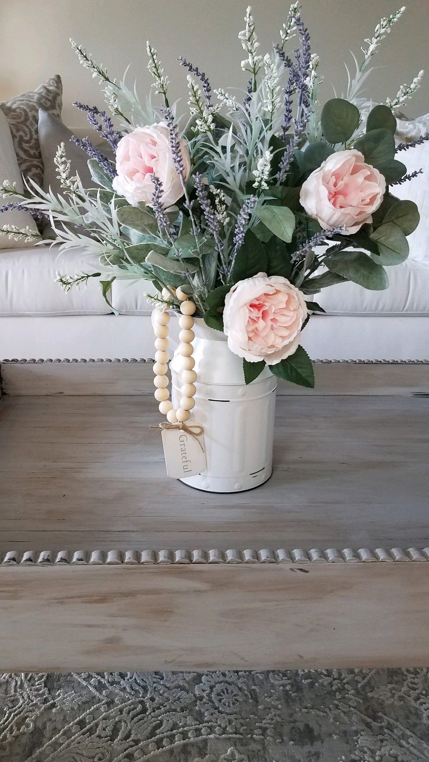 Farmhouse Milk Jug with Pink Peonies, Lavender, Lamb’s Ear Centerpiece