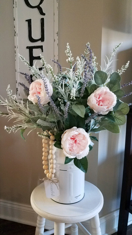 Farmhouse Milk Jug with Pink Peonies, Lavender, Lamb’s Ear Centerpiece