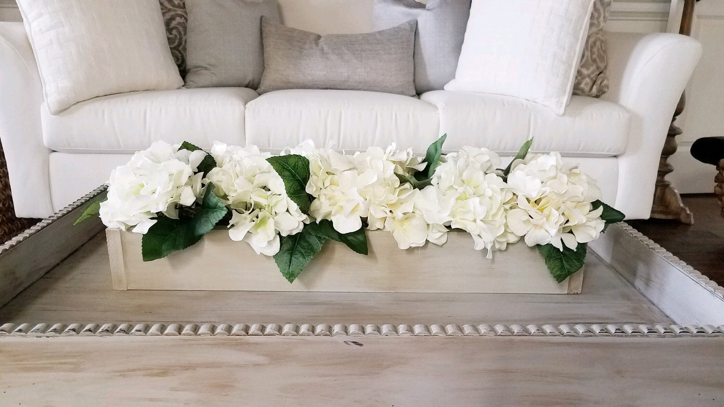 Farmhouse Style Spring Hydrangea Arrangement in Wood Planter Box