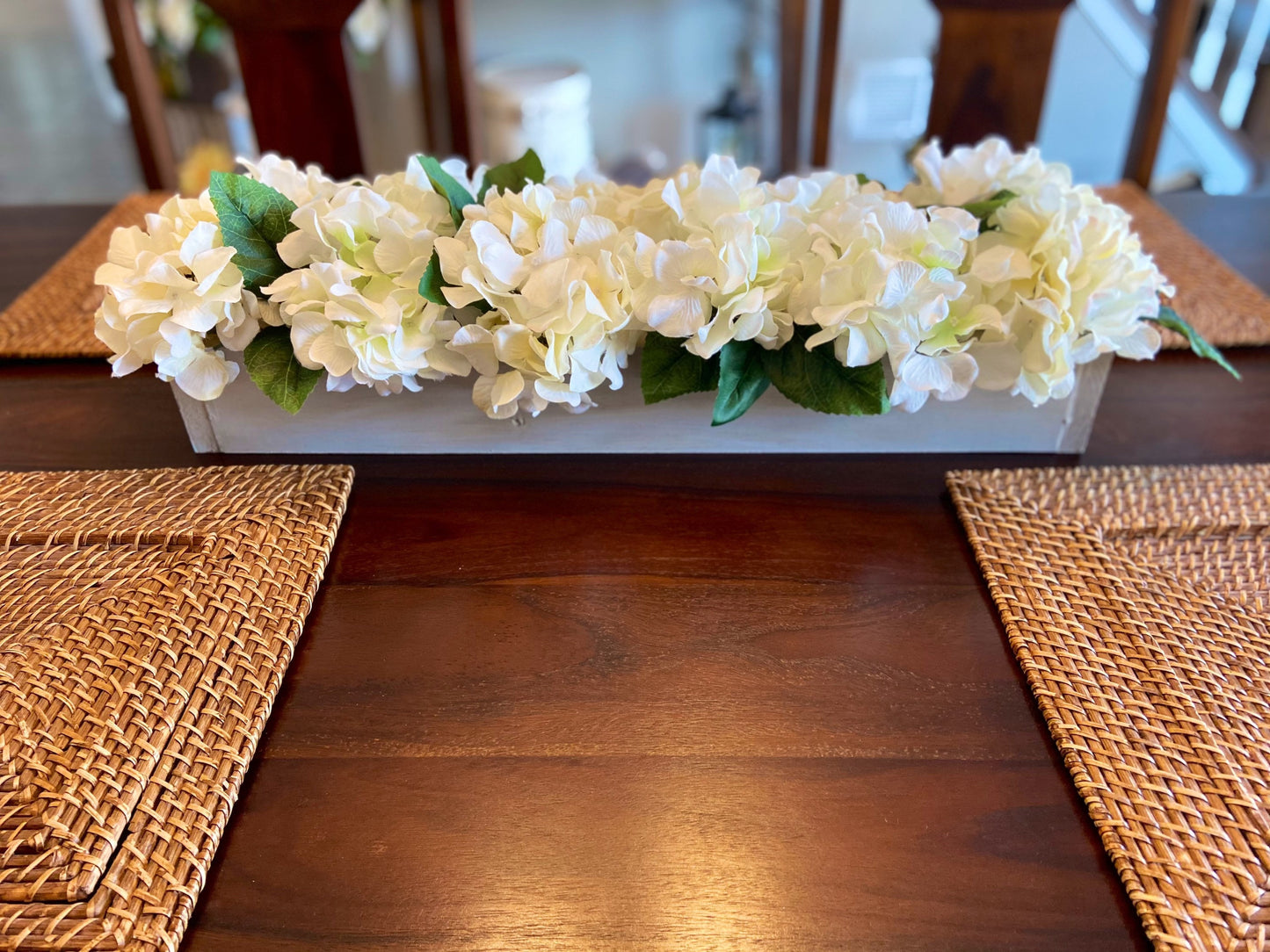 Farmhouse Style Spring Hydrangea Arrangement in Wood Planter Box