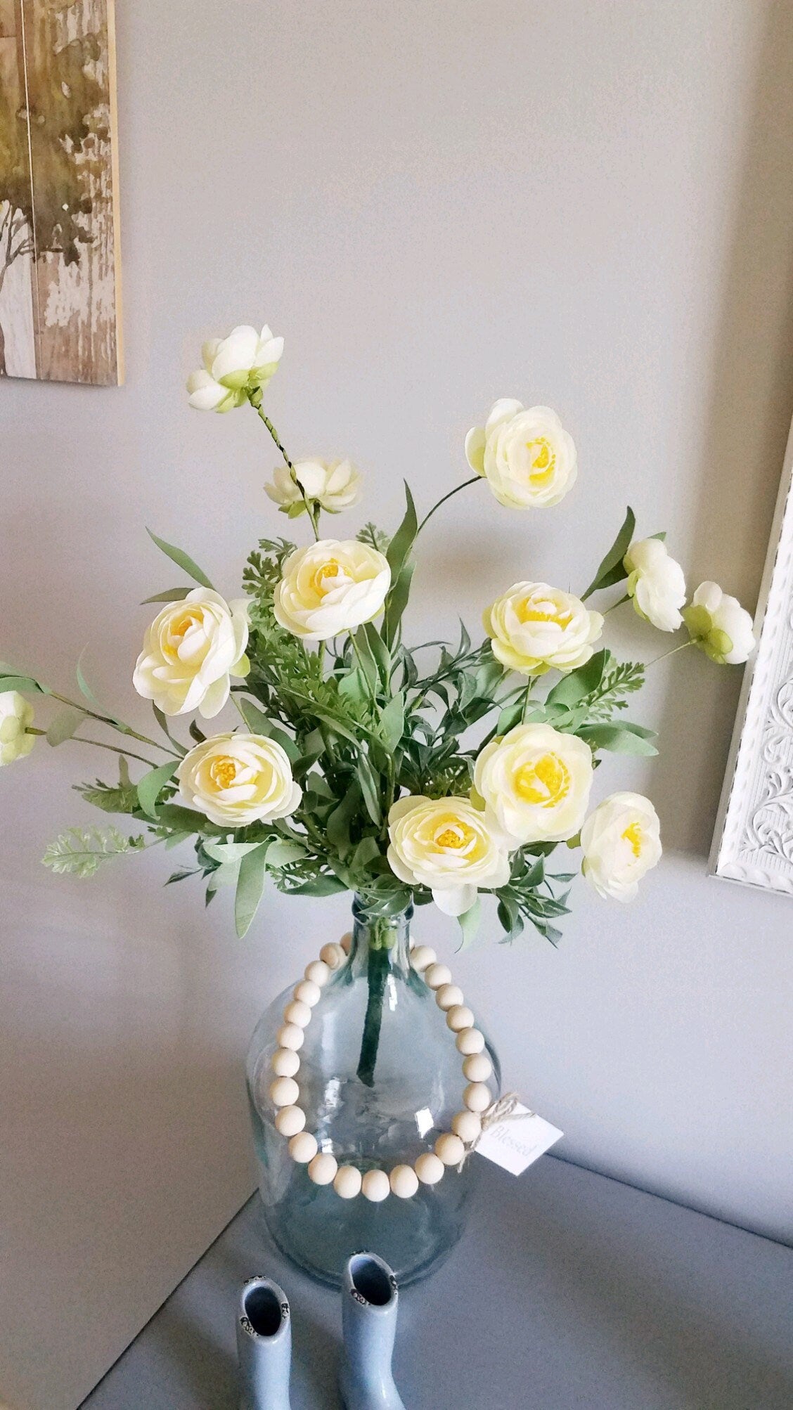 Farmhouse Wine Jug Centerpiece with Yellow Floral and Wood Beads