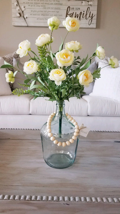 Farmhouse Wine Jug Centerpiece with Yellow Floral and Wood Beads