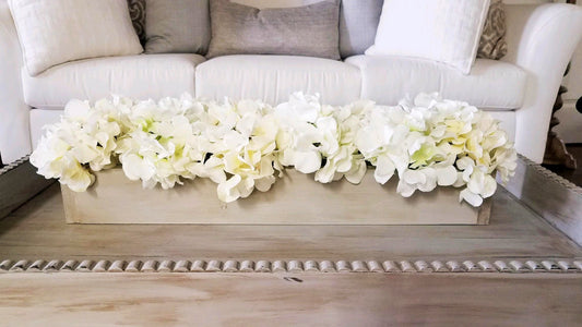 Farmhouse Style Spring Hydrangea Arrangement in Wood Planter Box