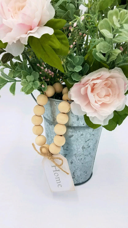 Blush Lambs Ear Flower Centerpiece in Galvanized Tin with Wood Beads