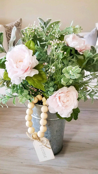 Blush Lambs Ear Flower Centerpiece in Galvanized Tin with Wood Beads