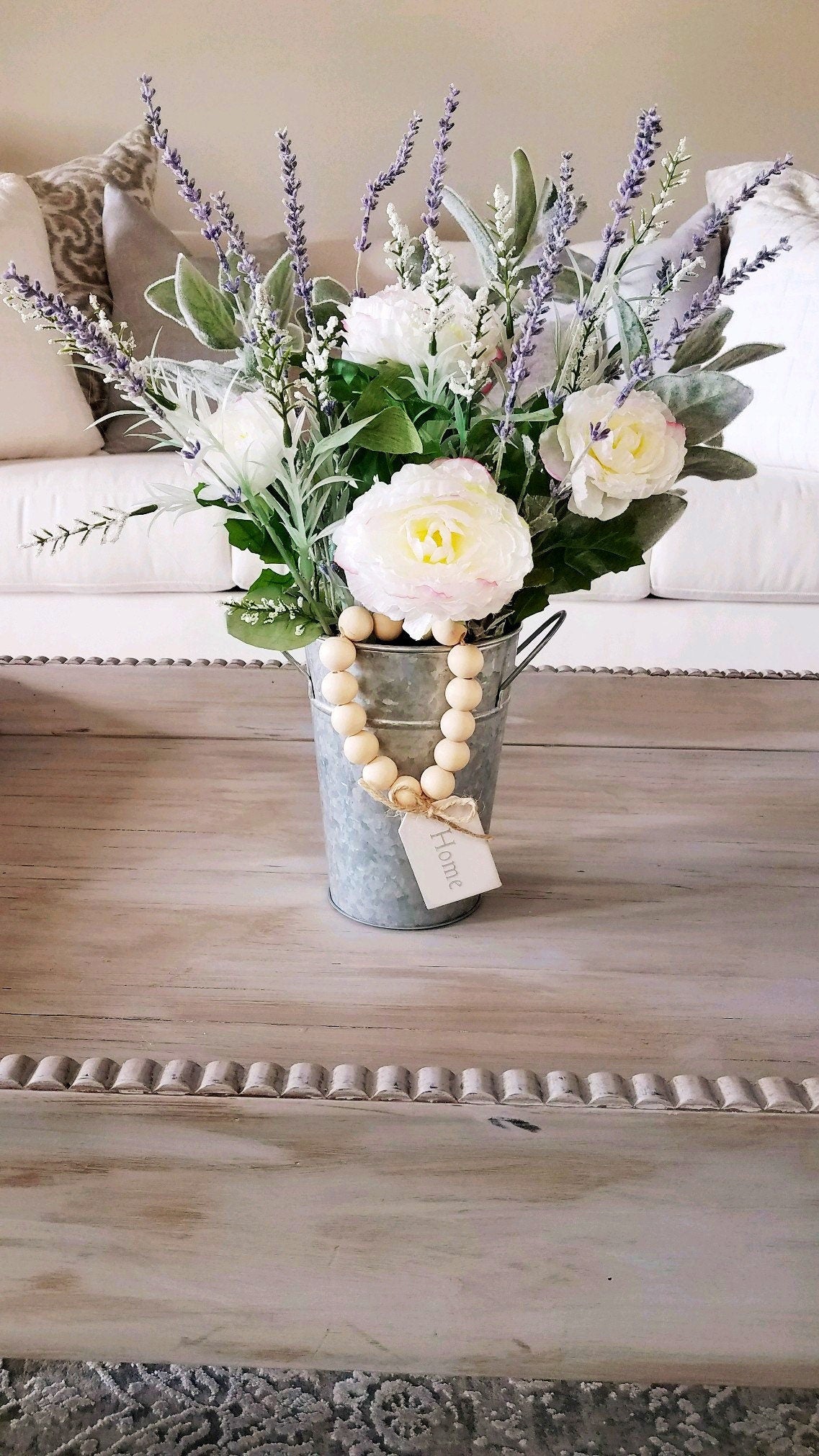 Lavender Spring Centerpiece in Galvanized Tin with Lambs Ear and Wood Beads