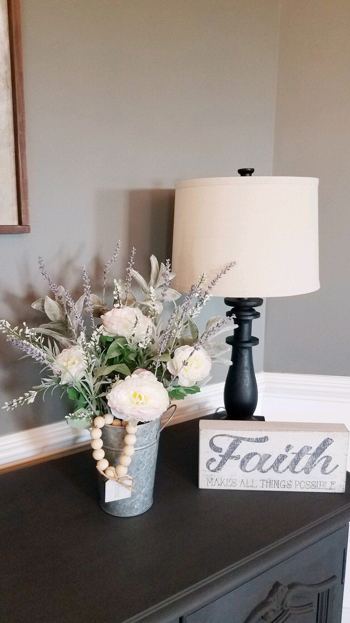 Lavender Spring Centerpiece in Galvanized Tin with Lambs Ear and Wood Beads