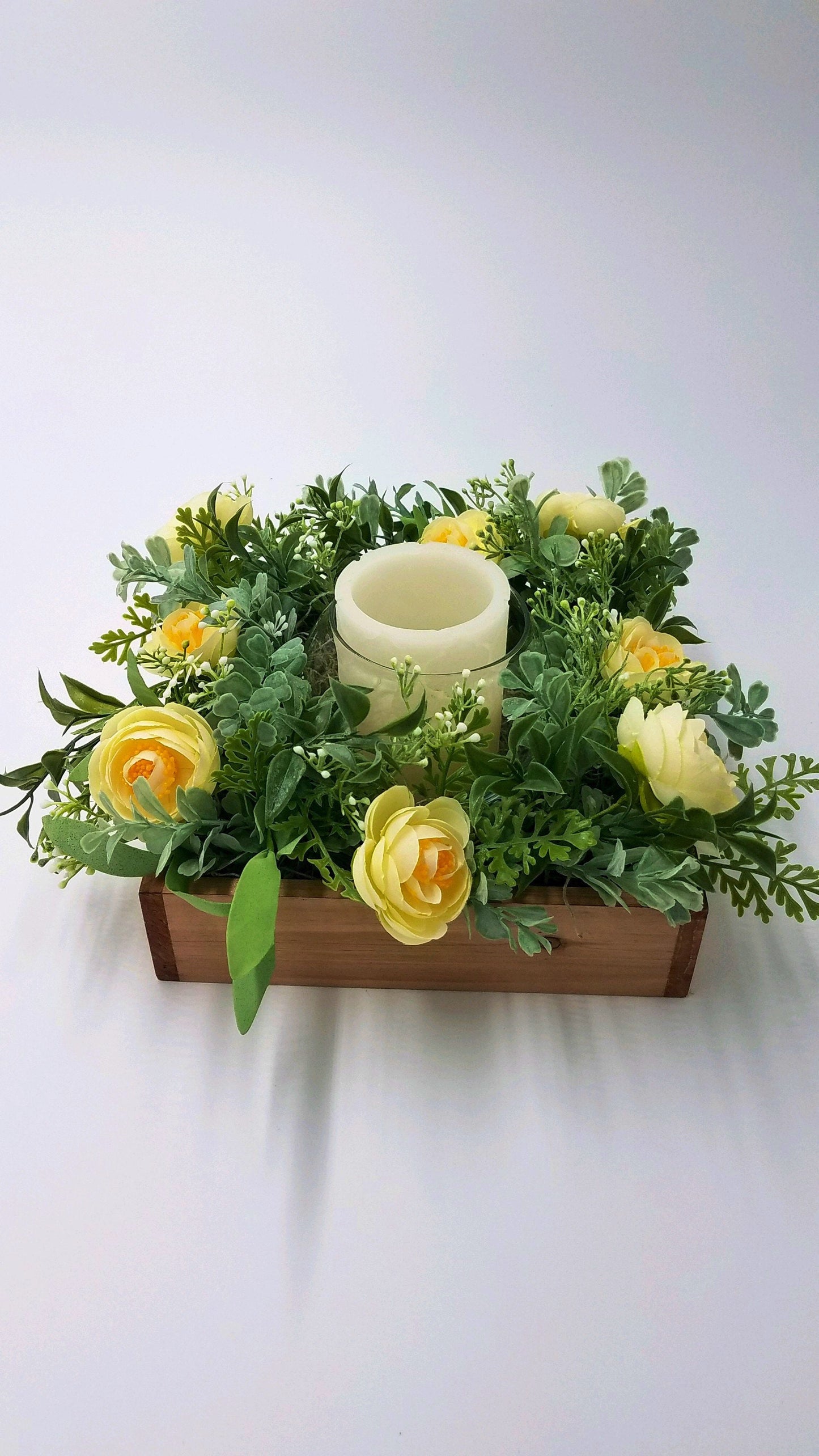 Yellow Spring Floral Centerpiece in Wood Planter Box