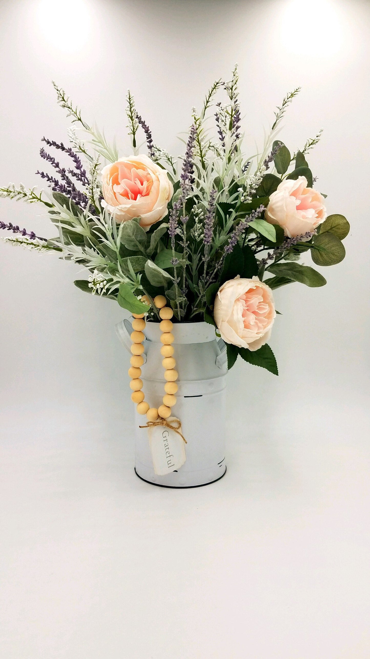 Farmhouse Milk Jug with Pink Peonies, Lavender, Lamb’s Ear Centerpiece