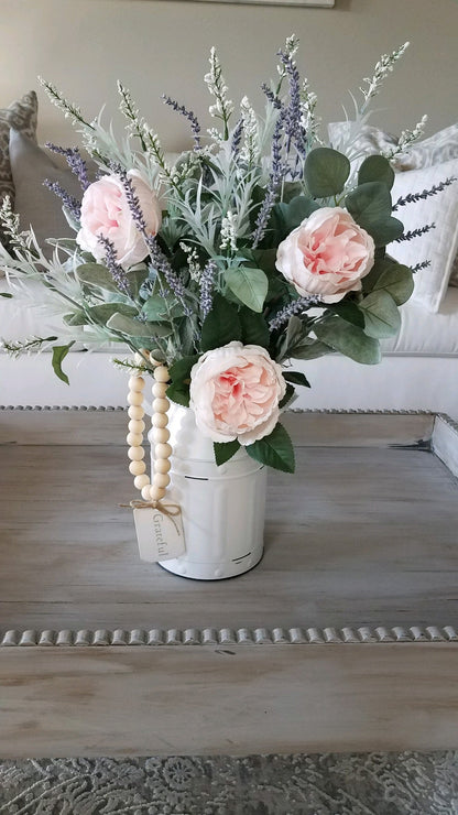 Farmhouse Milk Jug with Pink Peonies, Lavender, Lamb’s Ear Centerpiece