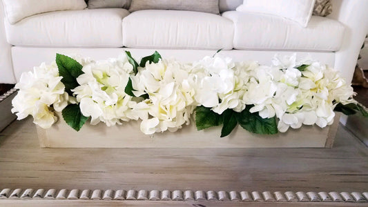 Farmhouse Style Spring Hydrangea Arrangement in Wood Planter Box