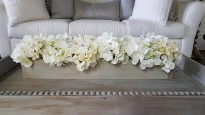 Farmhouse Style Spring Hydrangea Arrangement in Wood Planter Box