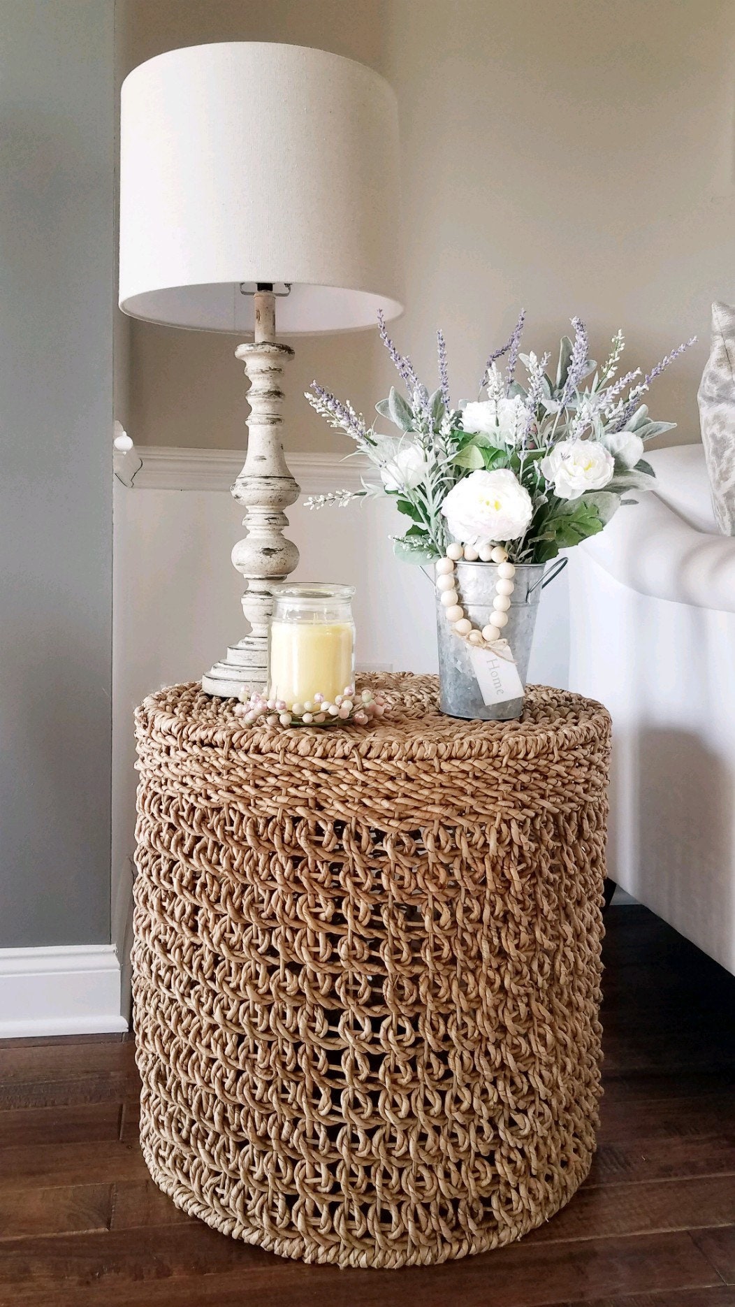 Lavender Spring Centerpiece in Galvanized Tin with Lambs Ear and Wood Beads