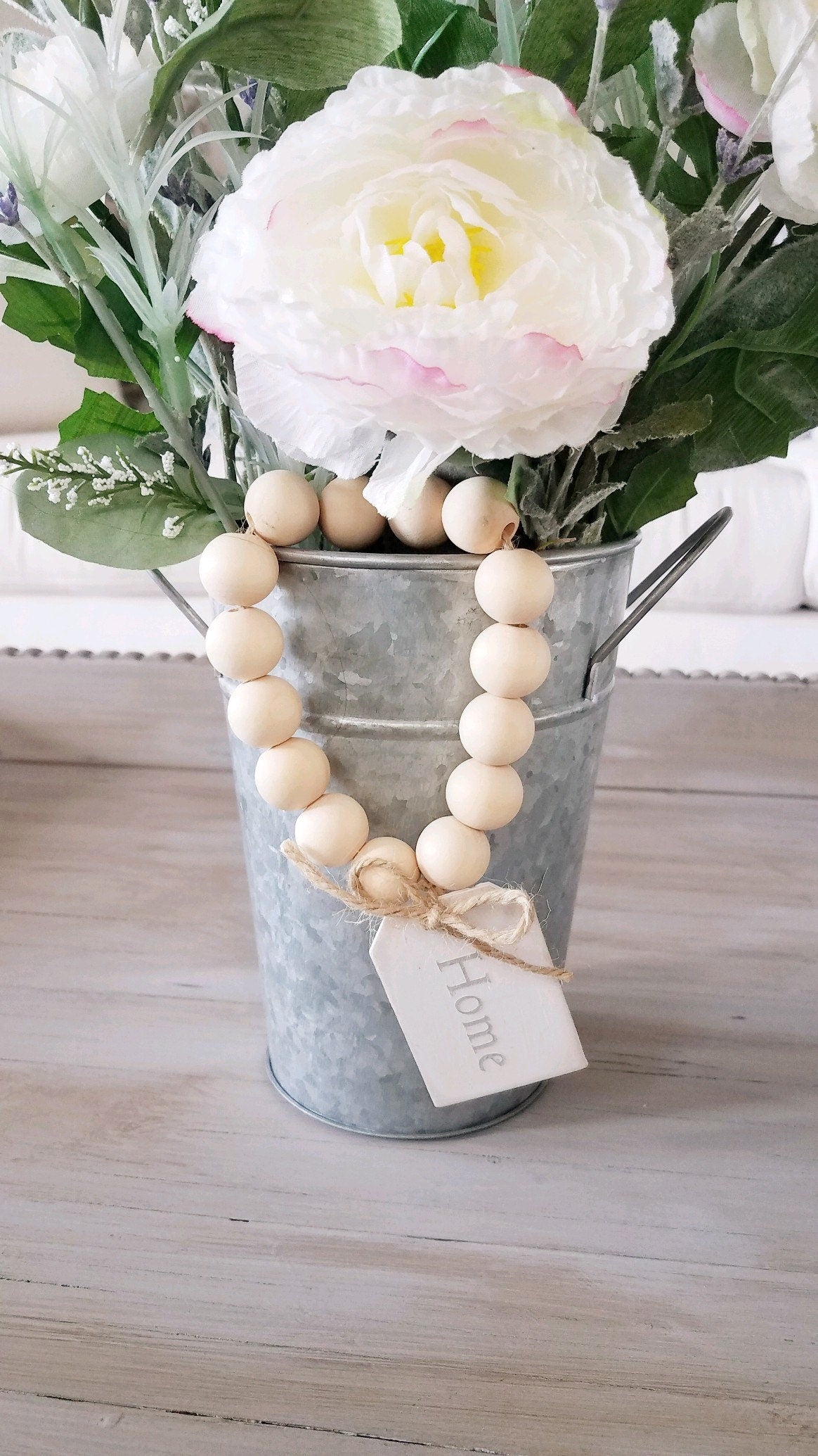 Lavender Spring Centerpiece in Galvanized Tin with Lambs Ear and Wood Beads