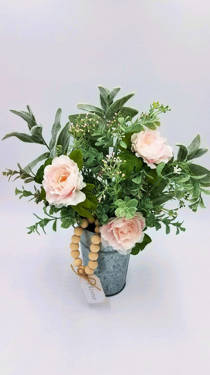 Blush Lambs Ear Flower Centerpiece in Galvanized Tin with Wood Beads