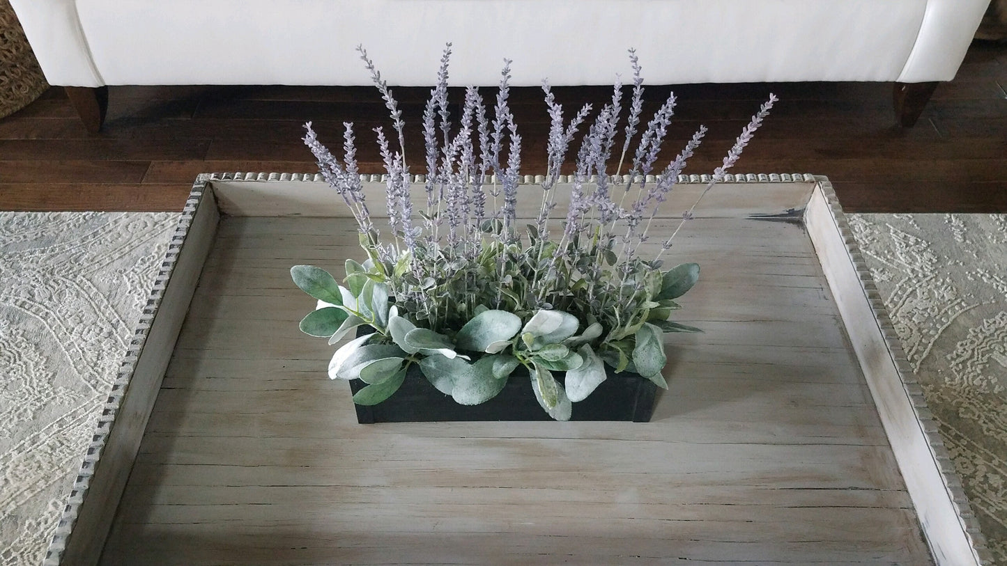 Farmhouse Lavender Lambs Ear Arrangement in Wood Planter Box