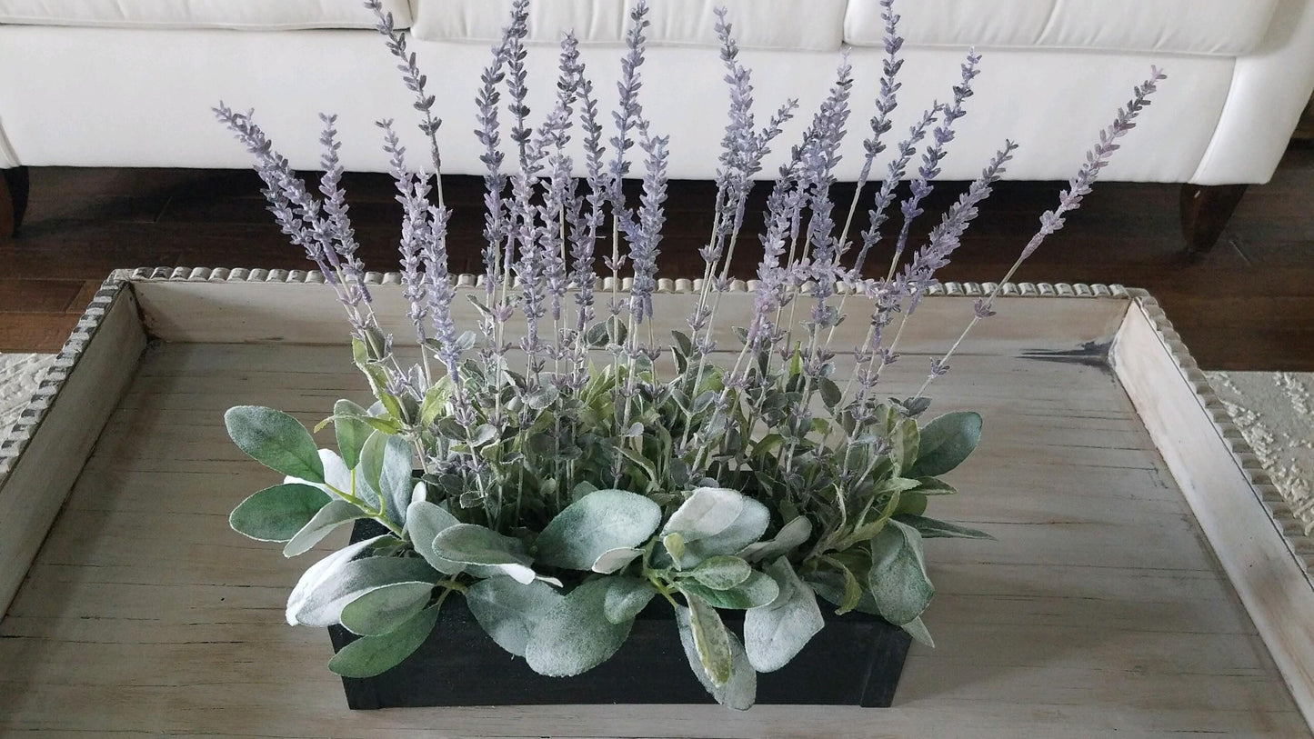 Farmhouse Lavender Lambs Ear Arrangement in Wood Planter Box