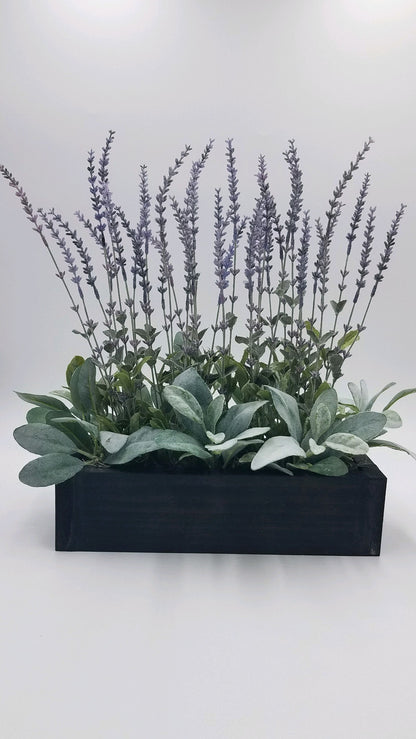 Farmhouse Lavender Lambs Ear Arrangement in Wood Planter Box