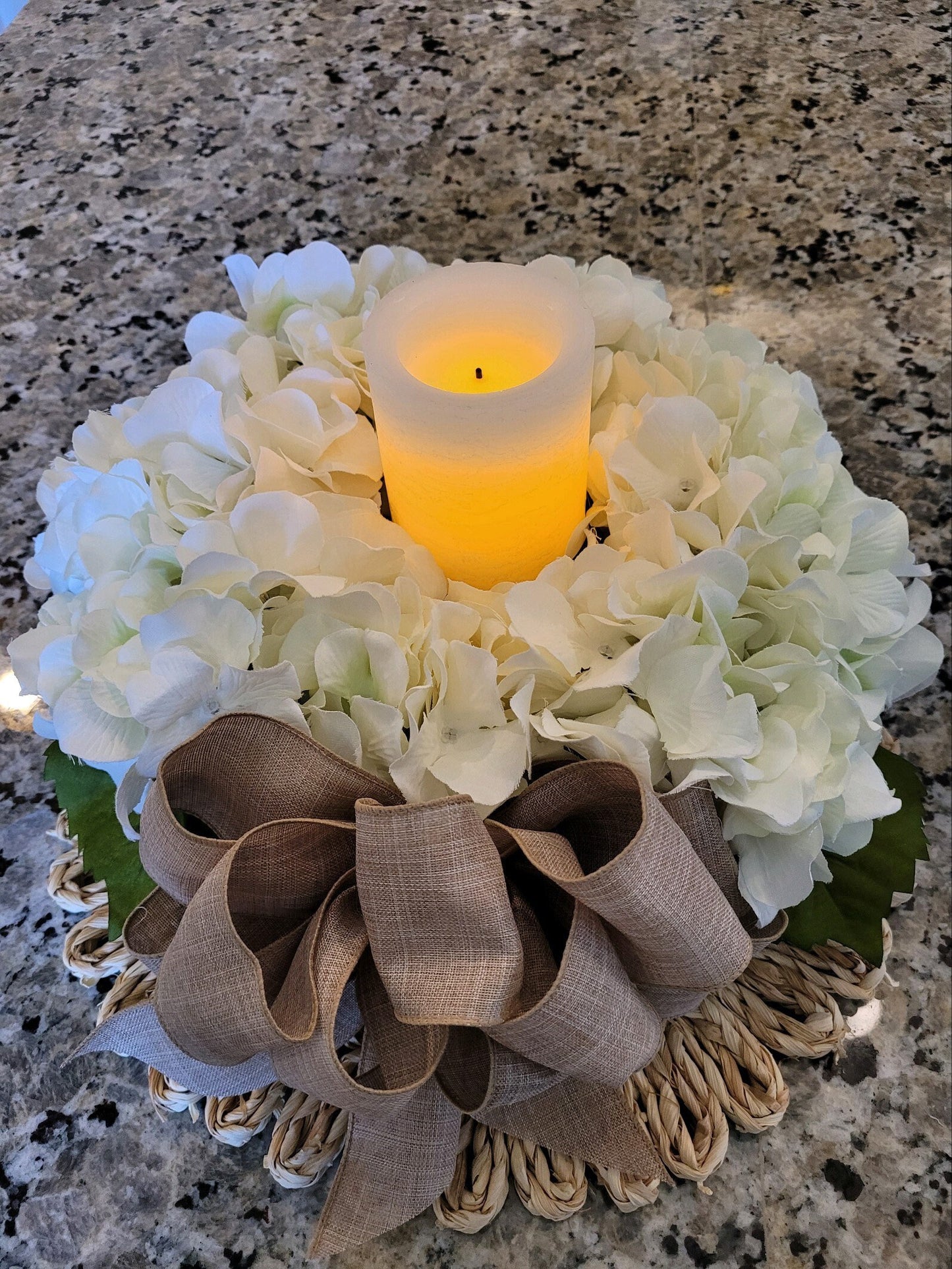 Hydrangea Flower Candle Holder Centerpiece in Wood Box with Rope Handles