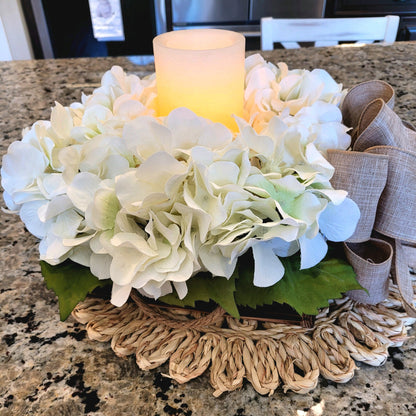 Hydrangea Flower Candle Holder Centerpiece in Wood Box with Rope Handles