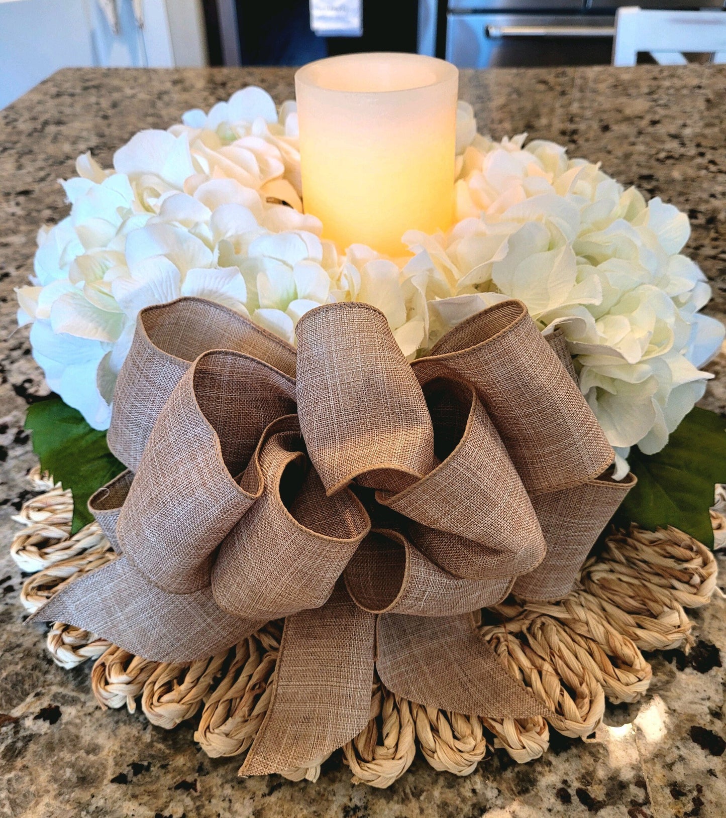 Hydrangea Flower Candle Holder Centerpiece in Wood Box with Rope Handles