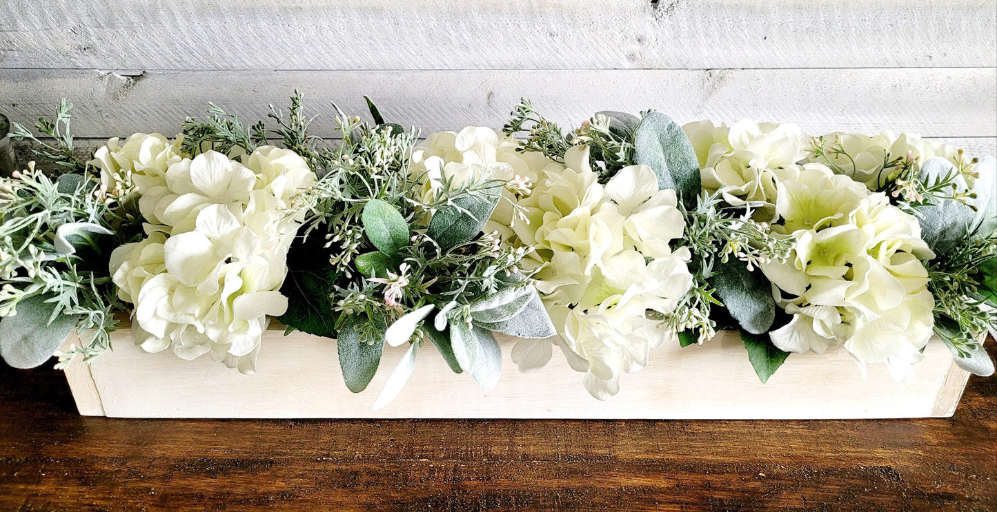 Farmhouse Style Long Spring Hydrangea Arrangement in Wood Planter Box