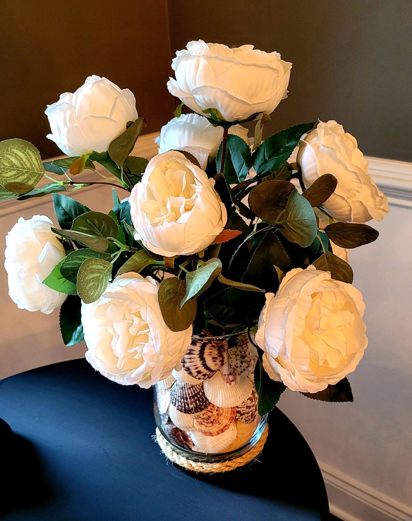 Nautical White Peony Flower Seashell Centerpiece