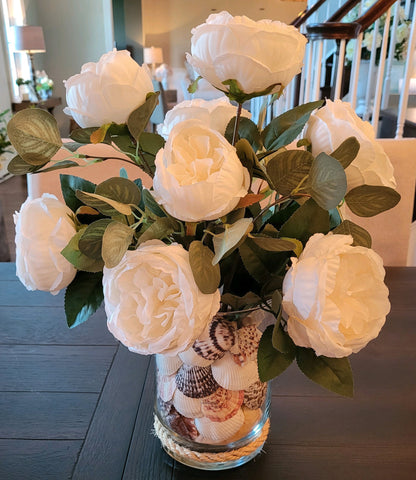 Nautical White Peony Flower Seashell Centerpiece