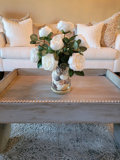 Nautical White Peony Flower Seashell Centerpiece