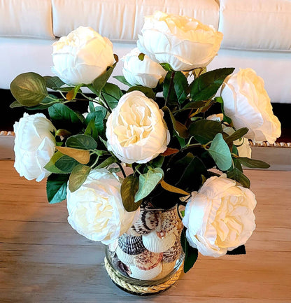 Nautical White Peony Flower Seashell Centerpiece