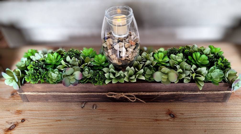 Farmhouse Style Long Spring Succulents Table Arrangement in Wood Planter Box