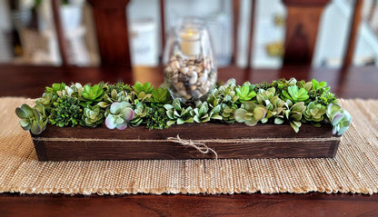 Farmhouse Style Long Spring Succulents Table Arrangement in Wood Planter Box